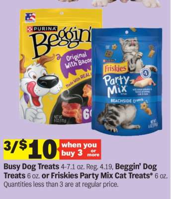 Beggin’ Dog Treats or Friskies Party Mix Cat Treats