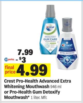 Crest Pro-Health Advanced Extra Whitening Mouthwash or Pro-Health Gum Detoxify Mouthwash
