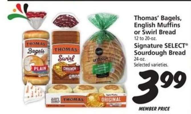 Thomas’ Bagels, English Muffins or Swirl Bread