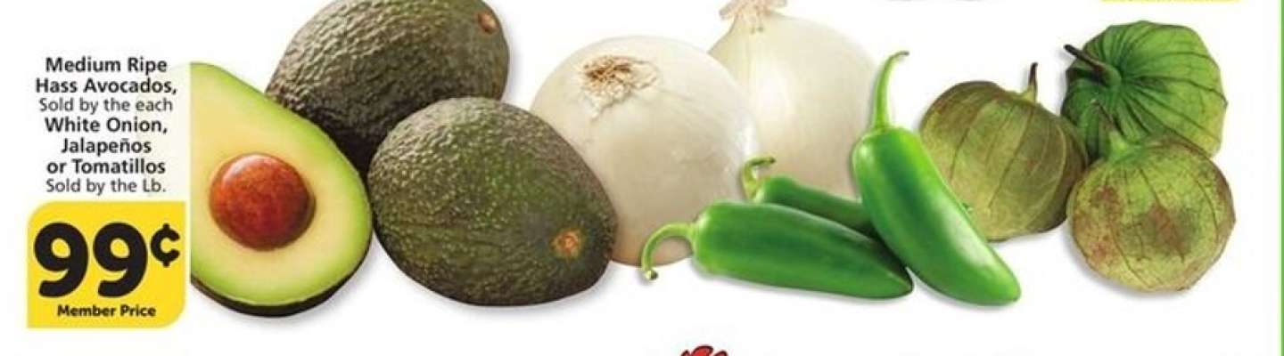 Medium Ripe Hass Avocados, White Onion, Jalapeños, or Tomatillos