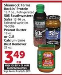 Shamrock Farms Rockin' Protein, 505 Southwestern Salsa, Teddie Peanut Butter, CLR Calcium Lime Rust Remover