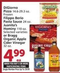 DiGiorno Pizza, Filippo Berio Pasta Sauce, Juanita's Hominy, Bragg Organic Apple Cider Vinegar