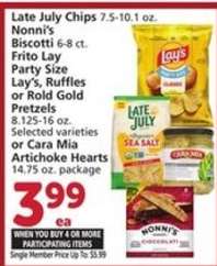 Late July Chips, Nonni's Biscotti, Frito Lay Party Size, Lay's, Ruffles, Rold Gold Pretzels, Cara Mia Artichoke Hearts