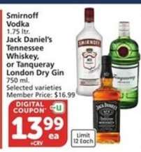 Smirnoff Vodka, Jack Daniel's Tennessee Whiskey, Tanqueray London Dry Gin