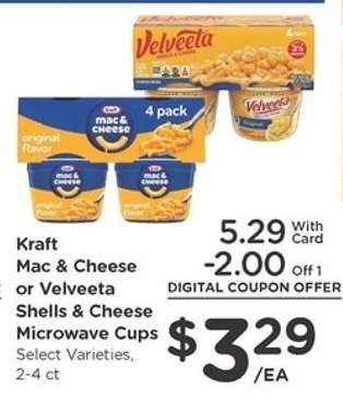 Kraft Mac & Cheese or Velveeta Shells & Cheese Microwave Cups