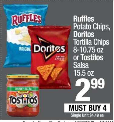 Ruffles Potato Chips, Doritos Tortilla Chips or Tostitos Salsa