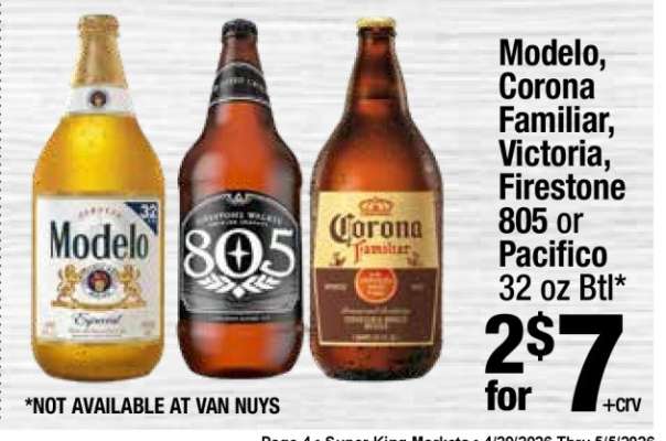 Modelo, Corona Familiar, Victoria, Firestone 805 or Pacifico 32 oz Btl