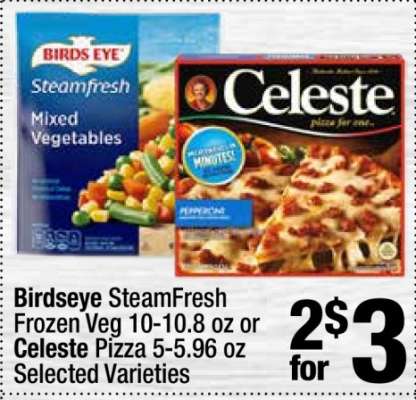 Birdseye SteamFresh Frozen Veg or Celeste Pizza