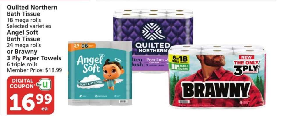 Quilted Northern Bath Tissue or Angel Soft Bath Tissue or Brawny 3 Ply Paper Towels