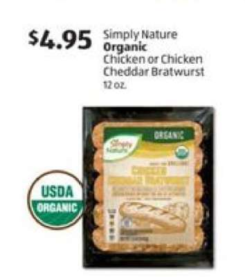 Simply Nature Organic Chicken or Chicken Cheddar Bratwurst
