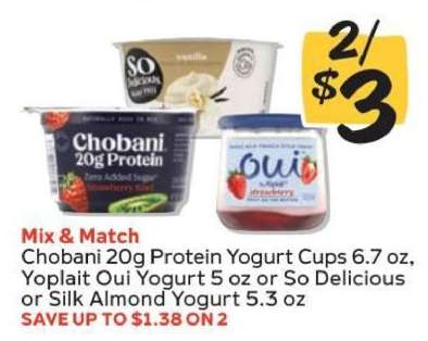 Chobani 20g Protein Yogurt Cups, Yoplait Oui Yogurt, So Delicious or Silk Almond Yogurt