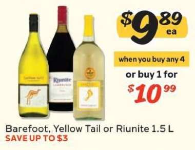 Barefoot, Yellow Tail or Riunite 1.5 L
