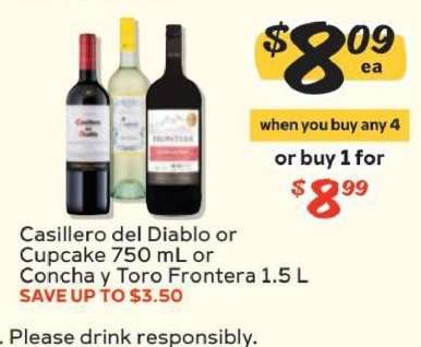 Casillero del Diablo or Cupcake 750 mL or Concha y Toro Frontera 1.5 L