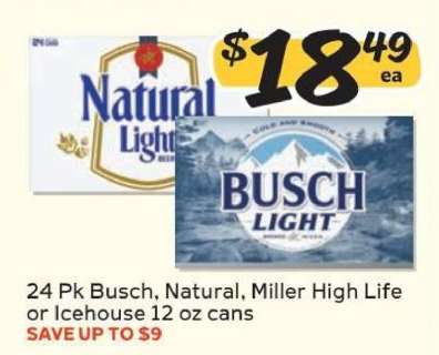 24 Pk Busch, Natural, Miller High Life or Icehouse 12 oz cans