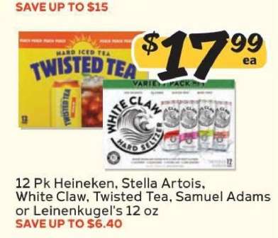 12 Pk Heineken, Stella Artois, White Claw, Twisted Tea, Samuel Adams or Leinenkugel's