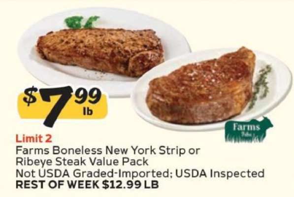 Farms Boneless New York Strip or Ribeye Steak Value Pack