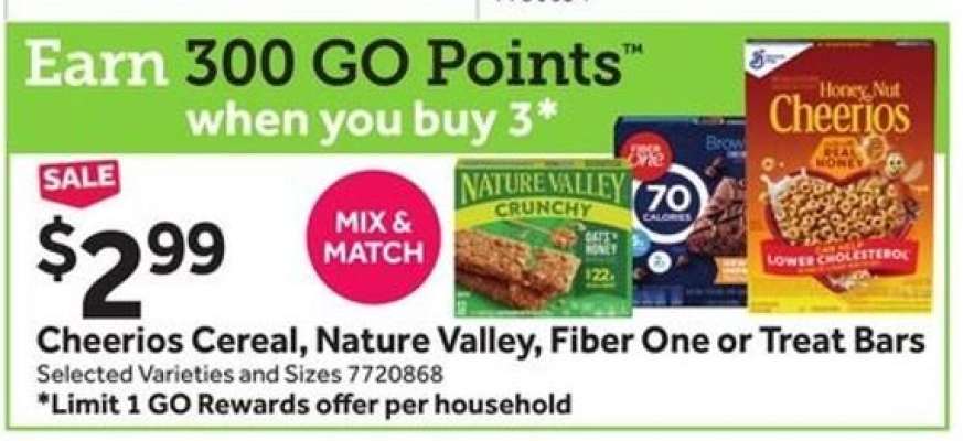 Cheerios Cereal, Nature Valley, Fiber One or Treat Bars