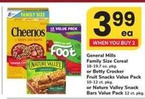 General Mills Family Size Cereal or Betty Crocker Fruit Snacks Value Pack or Nature Valley Snack Bars Value Pack