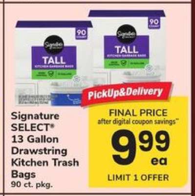 Signature SELECT 13 Gallon Drawstring Kitchen Trash Bags