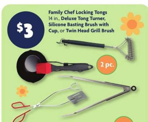 Family Chef Locking Tongs, Deluxe Tong Turner, Silicone Basting Brush with Cup, Twin Head Grill Brush
