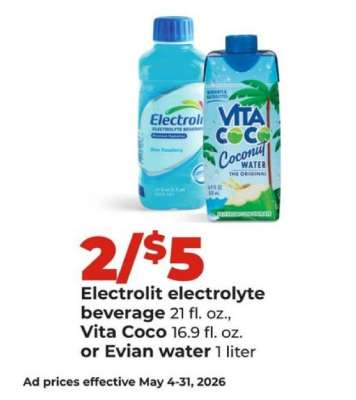 Electrolit electrolyte beverage, Vita Coco, or Evian water
