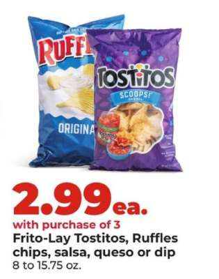 Frito-Lay Tostitos, Ruffles chips, salsa, queso or dip