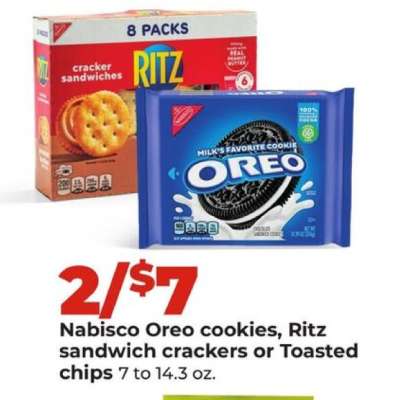 Nabisco Oreo cookies, Ritz sandwich crackers or Toasted chips