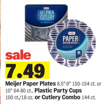Meijer Paper Plates, Plastic Party Cups or Cutlery Combo