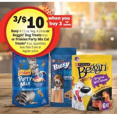 Busy or Beggin’ Dog Treats or Friskies Party Mix Cat Treats