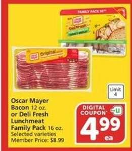 Oscar Mayer Bacon or Deli Fresh Lunchmeat Family Pack