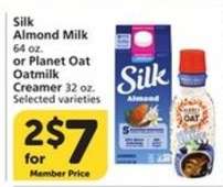 Silk Almond Milk or Planet Oat Oatmilk Creamer