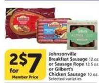 Johnsonville Breakfast Sausage or Sausage Rope or Gilbert's Chicken Sausage