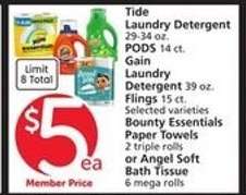 Tide Laundry Detergent, PODS, Gain Laundry Detergent, Flings, Bounty Essentials Paper Towels, Angel Soft Bath Tissue