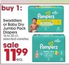 Pampers Swaddlers or Baby Dry Jumbo Pack Diapers