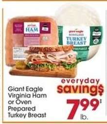 Giant Eagle Virginia Ham or Oven Prepared Turkey Breast