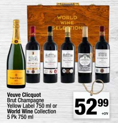 Veuve Clicquot Brut Champagne Yellow Label 750 ml or World Wine Collection 5 Pk 750 ml