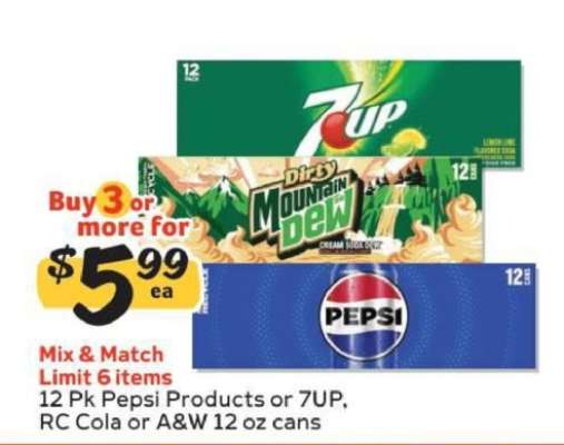 12 Pk Pepsi Products or 7UP, RC Cola or A&W 12 oz cans