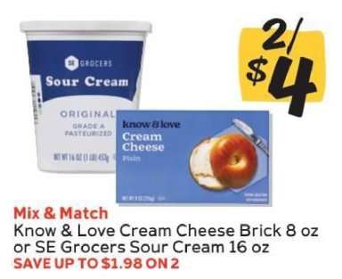 Know & Love Cream Cheese Brick 8 oz or SE Grocers Sour Cream 16 oz