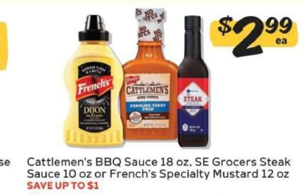 Cattlemen's BBQ Sauce, SE Grocers Steak Sauce or French's Specialty Mustard