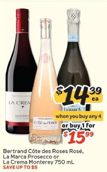 Bertrand Côte des Roses Rosé, La Marca Prosecco or La Crema Monterey