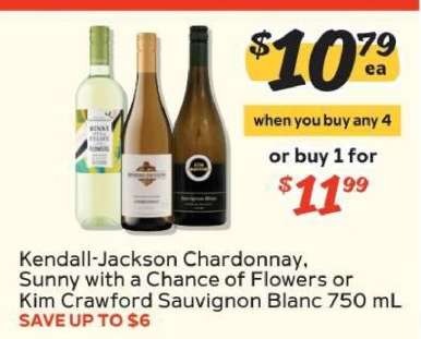 Kendall-Jackson Chardonnay, Sunny with a Chance of Flowers or Kim Crawford Sauvignon Blanc 750 mL