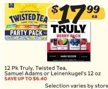 12 Pk Truly, Twisted Tea, Samuel Adams or Leinenkugel's 12 oz