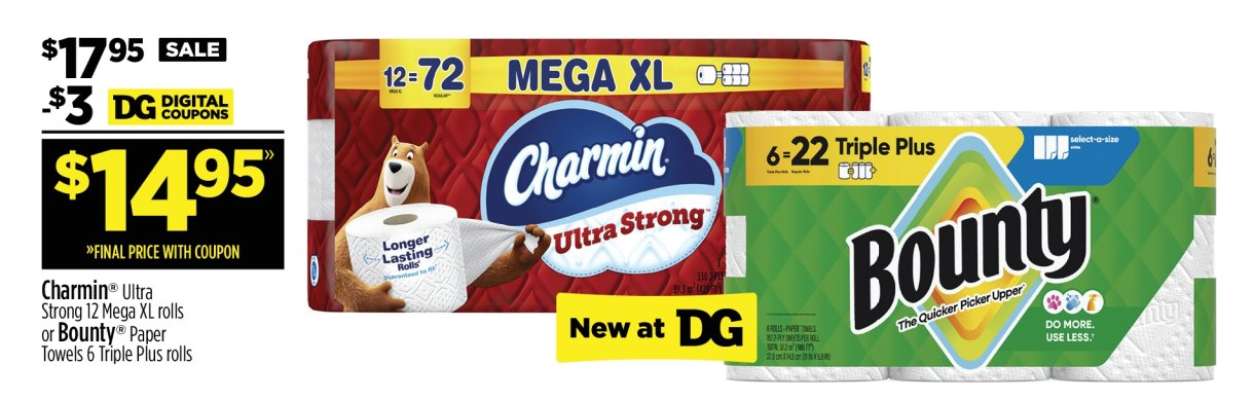 Charmin Ultra Strong 12 Mega XL rolls or Bounty Paper Towels 6 Triple Plus rolls