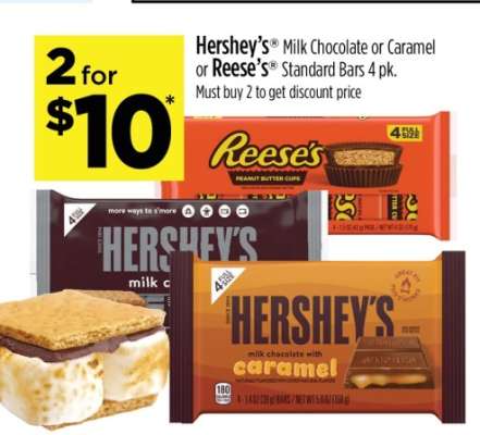 Hershey's Milk Chocolate or Caramel or Reese's Standard Bars 4 pk.