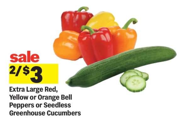 Extra Large Red, Yellow or Orange Bell Peppers or Seedless Greenhouse Cucumbers