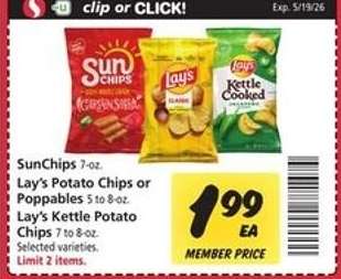 SunChips, Lay’s Potato Chips or Poppables, Lay’s Kettle Potato Chips