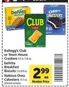 Kellogg's Club or Town House Crackers, belVita Breakfast Biscuits, Nabisco Oreo Cakesters
