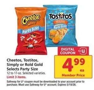 Cheetos, Tostitos, Simply or Rold Gold Selects Party Size