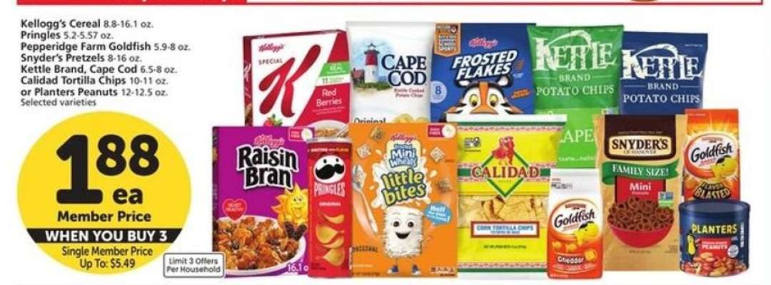 Kellogg's Cereal, Pringles, Pepperidge Farm Goldfish, Snyder's Pretzels, Kettle Brand, Cape Cod, Calidad Tortilla Chips, Planters Peanuts