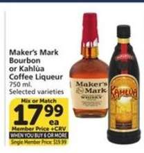Maker's Mark Bourbon or Kahlúa Coffee Liqueur